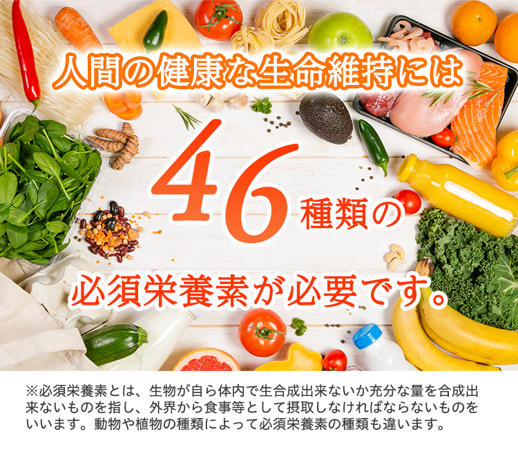 人間の健康な生活維持には46種類の必須栄養素が必要です。