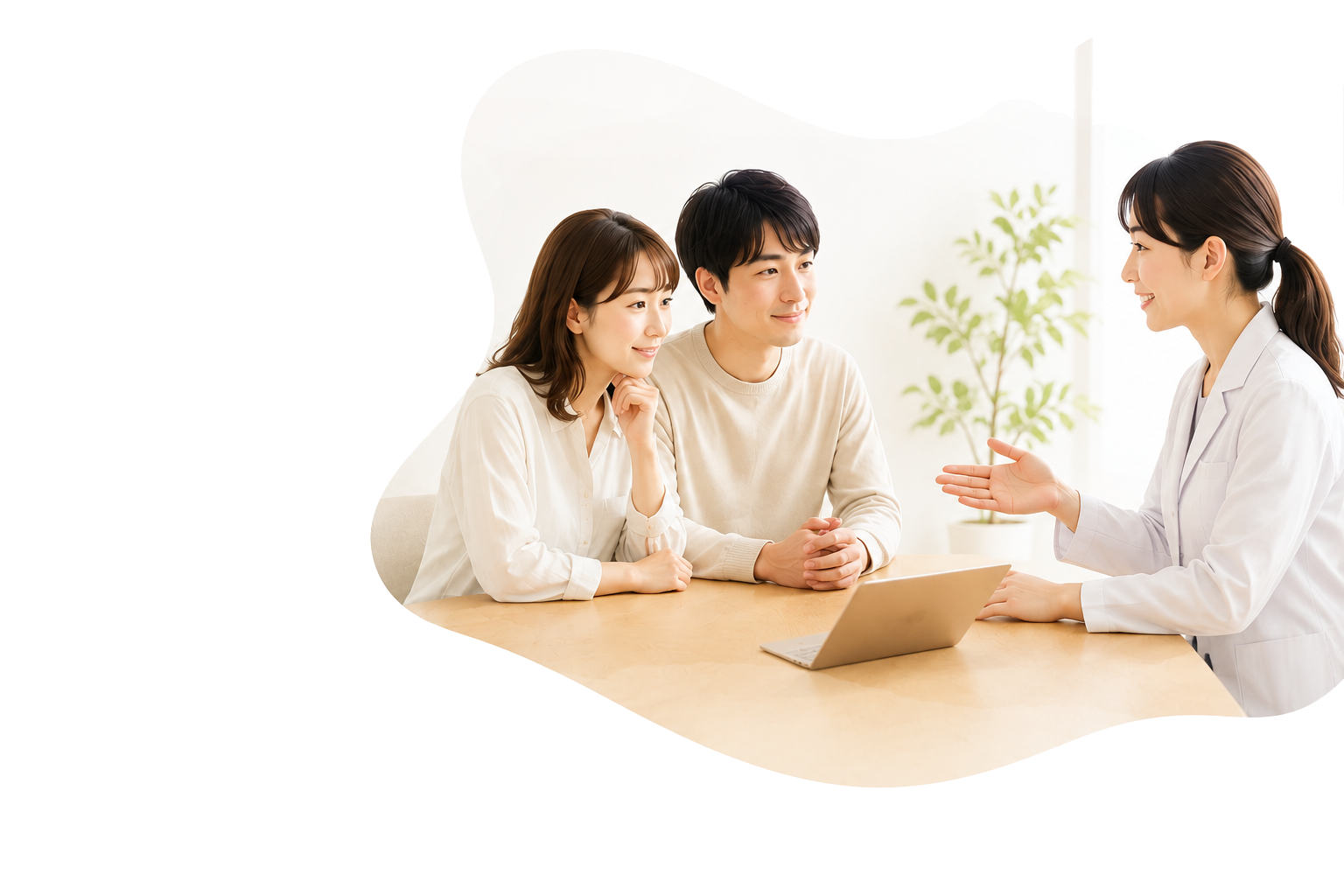 ノートパソコンを前に、生殖医療専門医に相談する妊活中のご夫婦