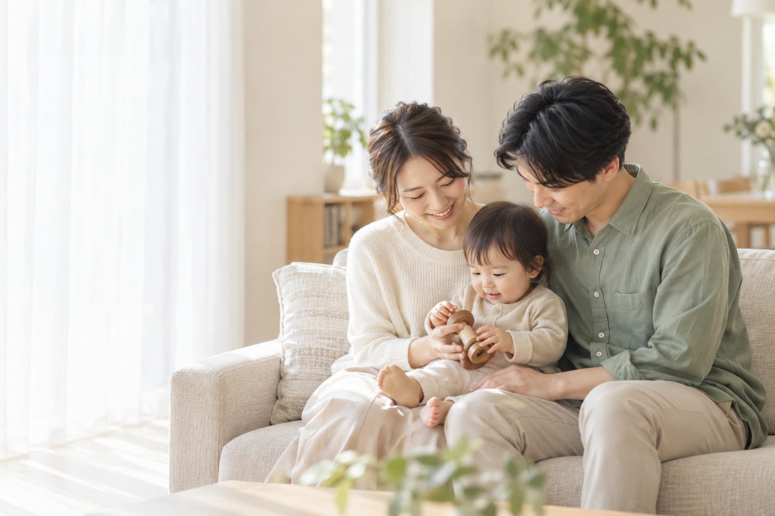 明るいリビングで幼い子どもを見守る両親の家族イメージ